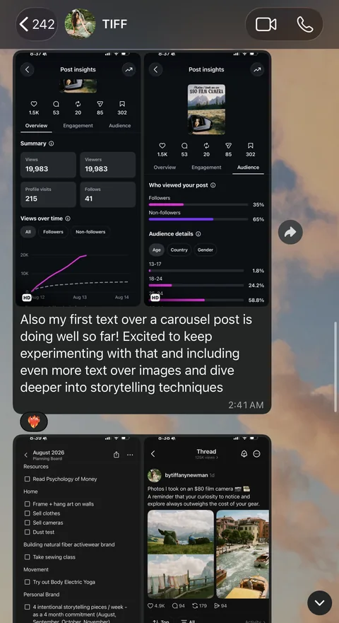 Tiffany shares her post insights: almost 20k views. Also my first text over a carousel post is doing well so far!
